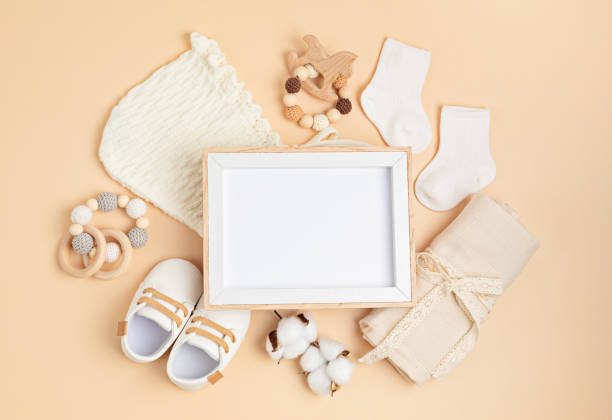 istock Mockup of empty frame with eco friendly baby accessories 1320619286