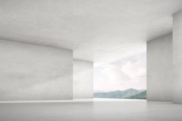 istock 3d render of empty concrete room with large window on mountain background. 1320620457
