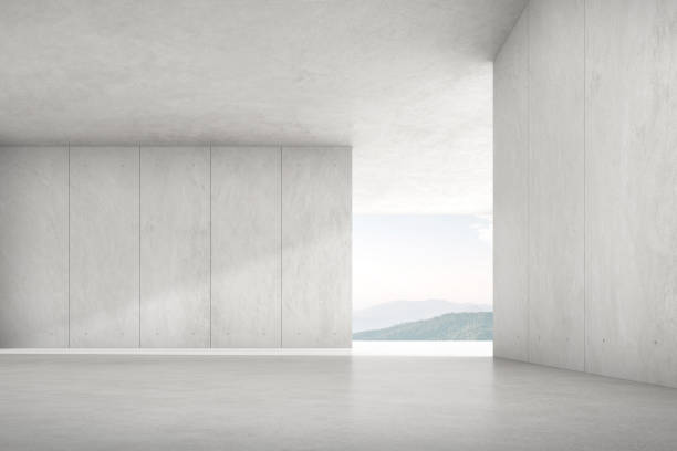 istock 3d render of empty concrete room with large window on mountain background. 1320620461