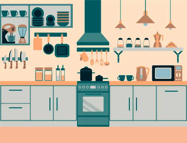 Vector illustration of colorful kitchen flat style with lot of details interior