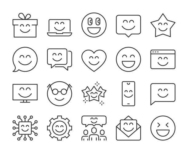 ilustraciones, imágenes clip art, dibujos animados e iconos de stock de se establecen iconos de línea vectorial de sonrisa feliz. trazo editable, 64x64 píxel perfecto. - smiley face smiling sign people