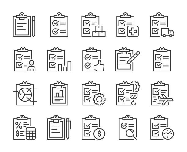 ilustrações, clipart, desenhos animados e ícones de configuração de ícones da linha vetorial da área de transferência. traço editável, 64x64 pixel perfect. - clipboard symbol computer icon form