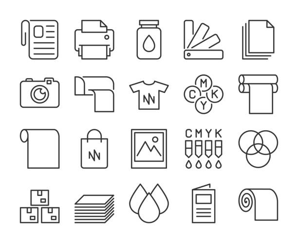 printing industry vector line icons set. bearbeitbarer hub, 64x64 pixel perfekt. - papierstapel stock-grafiken, -clipart, -cartoons und -symbole