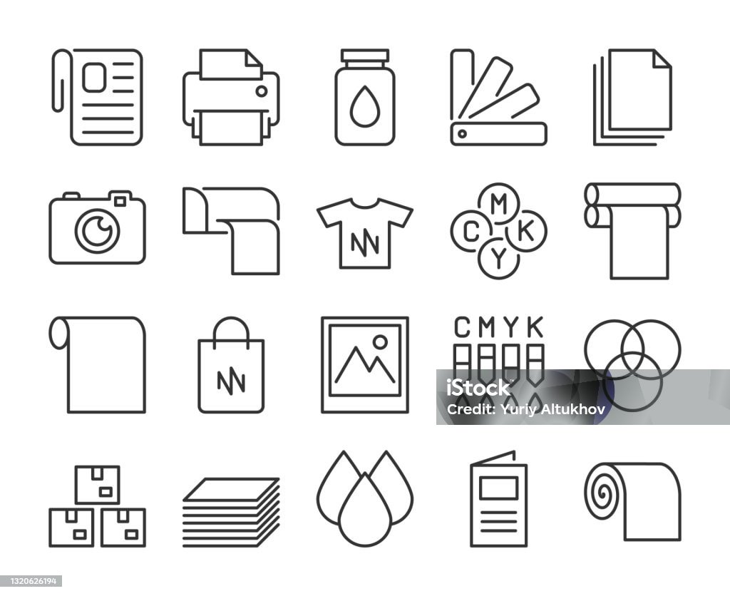 Printing Industry Vector Line Icons Set. Editable Stroke, 64x64 Pixel Perfect. Icon stock vector
