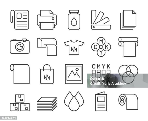 Printing Industry Vector Line Icons Set Editable Stroke 64x64 Pixel Perfect Stock Illustration - Download Image Now