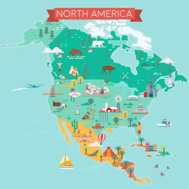 Vector illustration of North America Map. Tourist and travel landmarks