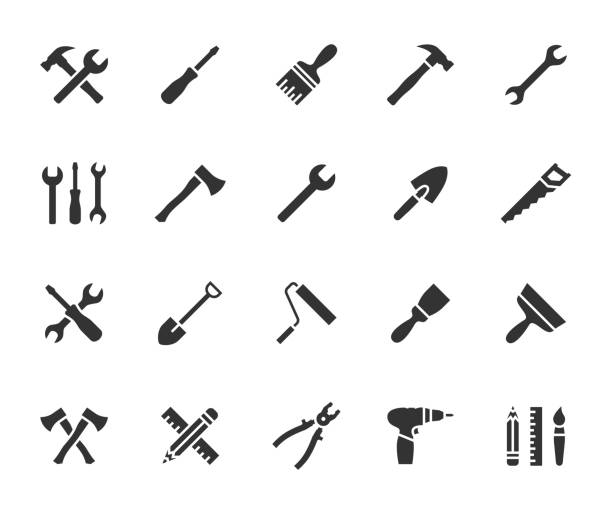 illustrations, cliparts, dessins animés et icônes de ensemble vectoriel d’outils icônes plates. contient des icônes marteau, clé, tournevis, hache, pinceau, couteau à mastic, perceuse, pinces et plus encore. pixel parfait. - outils