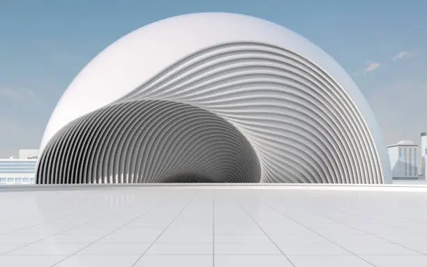 Photo of Curves and architecture with white background, 3d rendering.