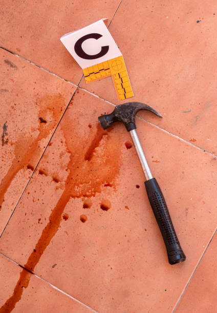Bloody hammer on the ground marked with number, crime scene, conceptual image stock photo