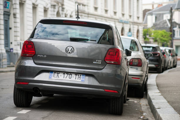 Rear view of grey Volswagen polo tsi parked in the street stock photo