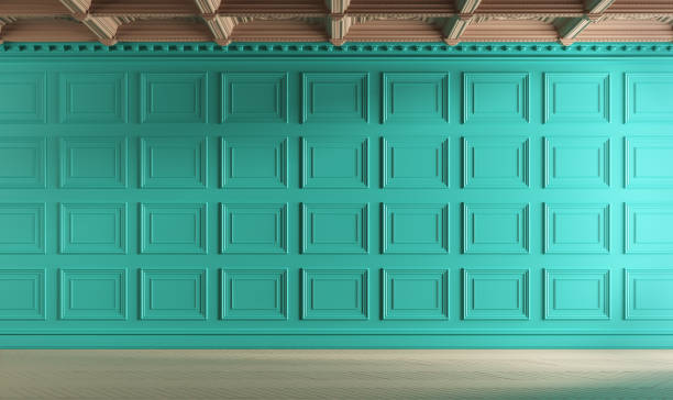Mint colored classic empty room with boiserie on the wall. Mint colored classic empty room with boiserie on the wall. 3d illustration moulding door jamb wood stock pictures, royalty-free photos & images