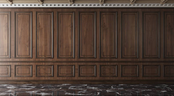 Classic luxury empty room with wooden boiserie on the wall. Walnut wood panels, premium cabinet style. 3d stock photo