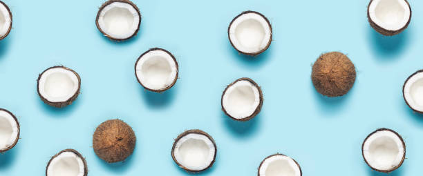 istock many open coconut halves and a leaf of a palm tree on a blue background. Top view, flat lay. Banner 1320633780