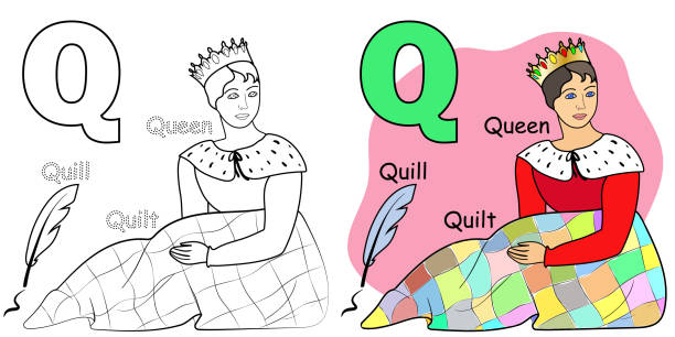 strona kolorowanki z alfabetu angielskiego dla dzieci. litera q jest dla queen, quill, kołdra. ilustracja wektorowa. - education learning preschool letter q stock illustrations