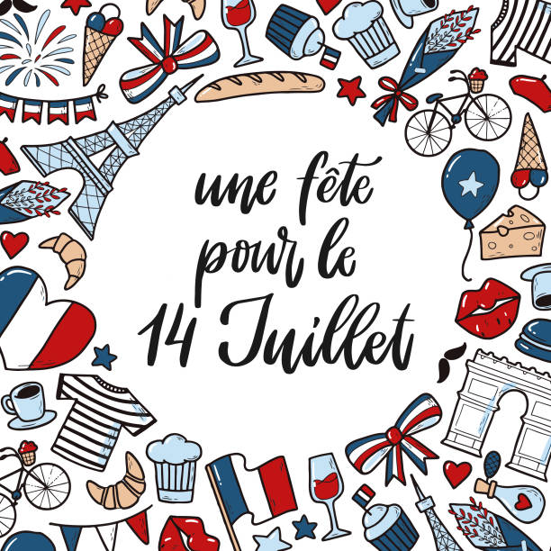 lettering quote for Bastille day hand lettering quote decorated with frames of doodles for Bastille day. Good for posters, cards, invitations, templates with copy space. EPS 10 bastille day stock illustrations