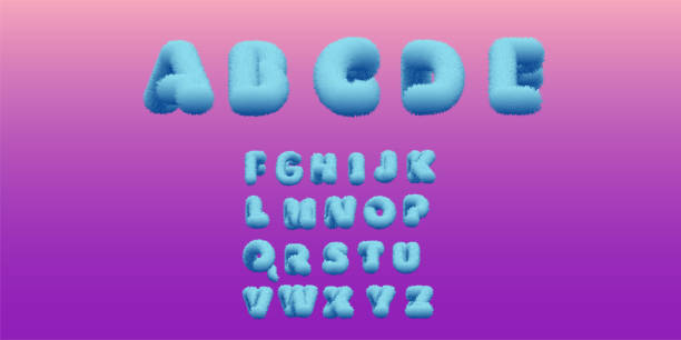 angielski puszysty alfabet w stylu 3d. kreatywny projekt czcionek wektorowych. kreatywny zestaw alfabetu trójwymiarowego z możliwością zmiany koloru. pulchny, pluszowy alfabet - fluffy stock illustrations