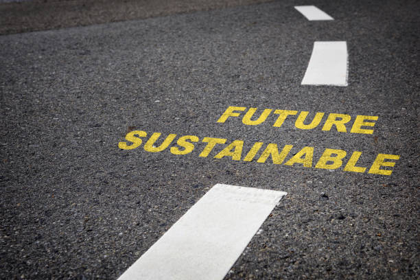 istock Sustainable future word on asphalt road surface with marking lines 1320639691