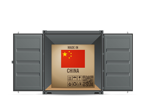 Cardboard box China in cargo container on a white background. Vector illustration.