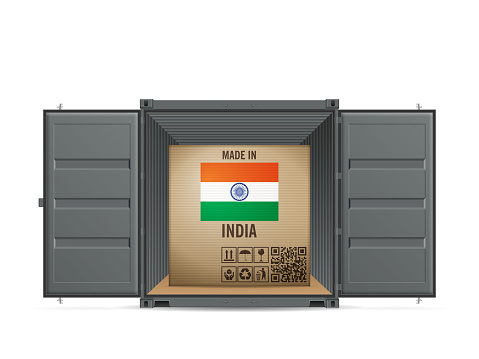 Cardboard box India in cargo container on a white background. Vector illustration.
