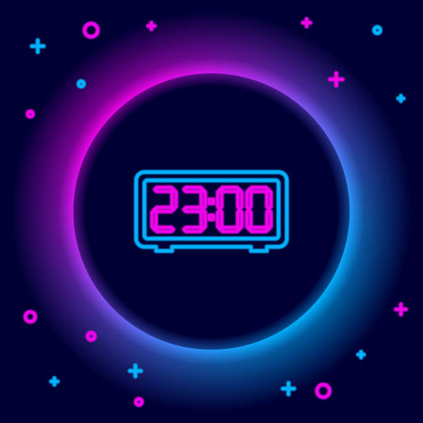 istock Glowing neon line Digital alarm clock icon isolated on black background. Electronic watch alarm clock. Time icon. Colorful outline concept. Vector 1320640714