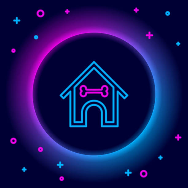 ilustrações de stock, clip art, desenhos animados e ícones de glowing neon line dog house and bone icon isolated on black background. dog kennel. colorful outline concept. vector - in the dog house kennel house isolated