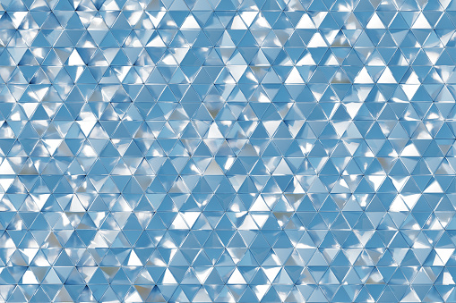 Abstract geometrical background with 3d shapes and copy space, metallic textures and sky colour