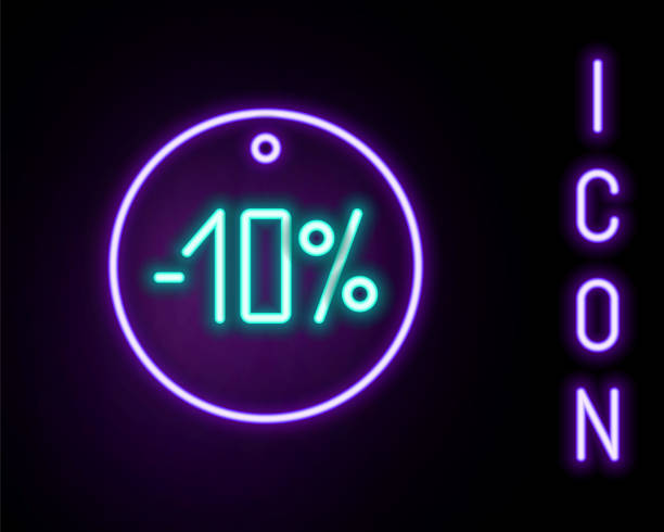 istock Glowing neon line Ten discount percent tag icon isolated on black background. Shopping tag sign. Special offer sign. Discount coupons symbol. Colorful outline concept. Vector 1320643726
