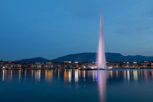 Famous Fountain Jet d´Eau at Dusk, Geneva, Switzerland