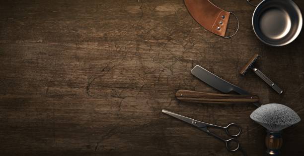 Vintage barber shop tools on wood background with place for text. 3d rendering Vintage barber shop tools on wood background with place for text. 3d rendering. barber shop stock pictures, royalty-free photos & images