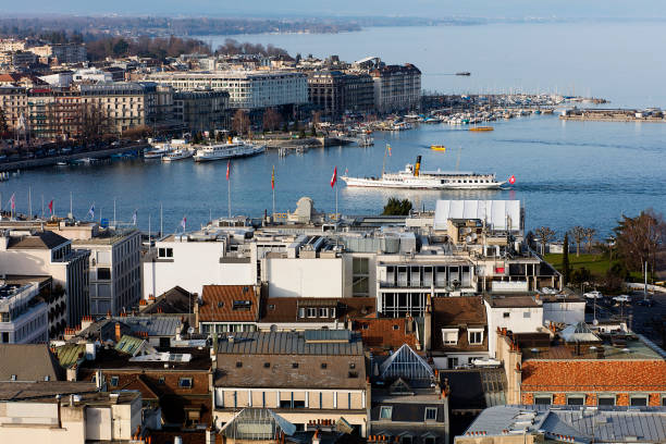 Aerial view of Lake Geneva and harbor, Switzerland.