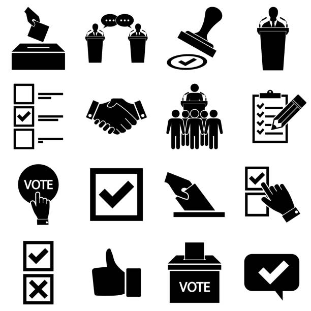 ilustrações de stock, clip art, desenhos animados e ícones de set of voting related vector  icons. contains such icons as raising hands, ratings of candidates logo isolated on white background - voting ballot