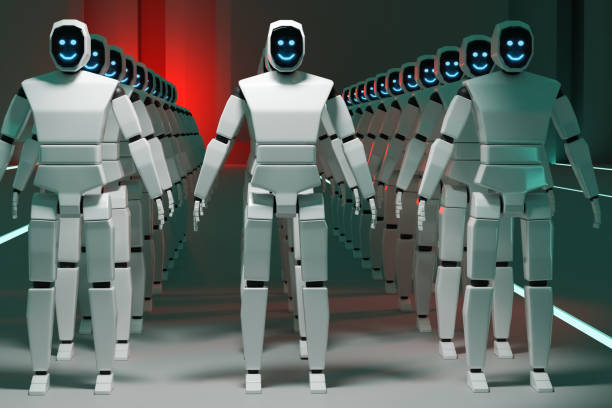 istock 3d illustration. A robot with a monitor on its face in different angles. 1320650646