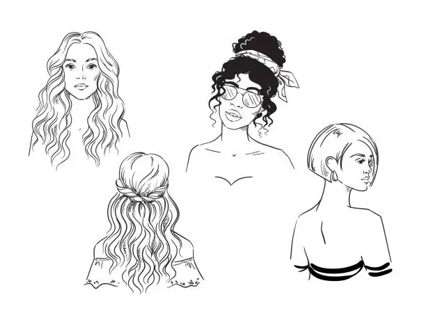 Vector illustration of Set of different female hairstyles   vector black and white sketch
