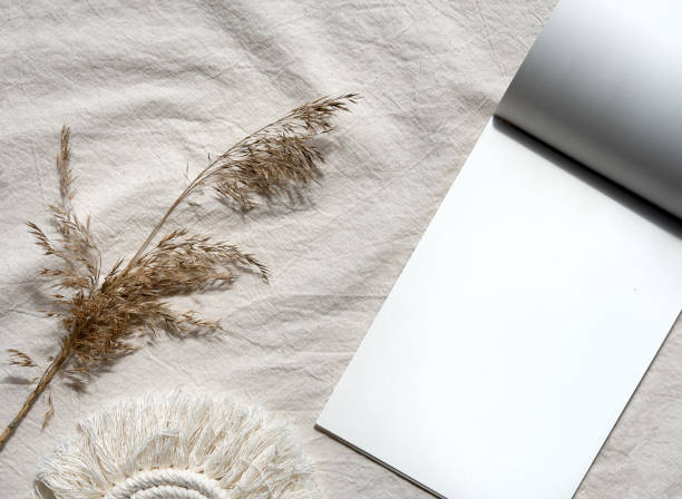 istock Copy space n block note and pampas grass.. Simple minimal flat lay on ivory textile with dry earth color reeds. Neutral beige natural materials,. Top view mockup 1320651119