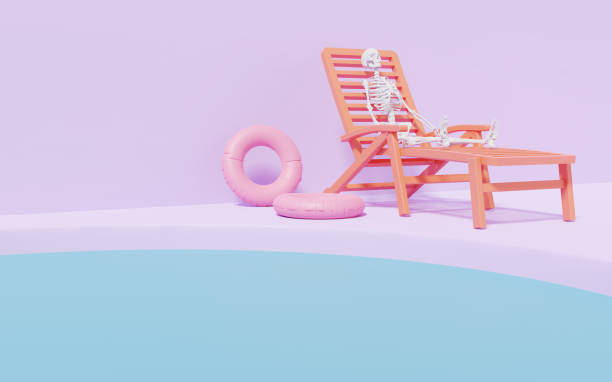 istock Landing page, mock up, skeleton relaxing on beach chair , 3d render, abstract geometric shape pastel pink , summer scene minimal design 1320654924