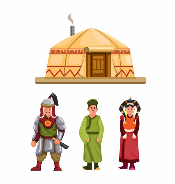 Mongolian traditional clothes and building character set in cartoon illustration vector Mongolian traditional clothes and building character set in cartoon illustration vector mongolian ethnicity stock illustrations