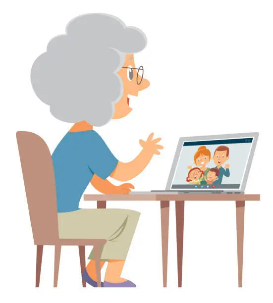 Vector illustration of Family videoconference. Online communication. Parents and kids chatting with grandmother by video call. Online chat. Family together. Quarantine and self-isolation