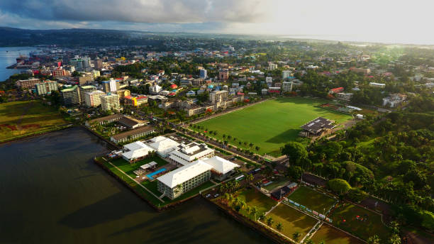suva city aerial view - fidschi stock-fotos und bilder