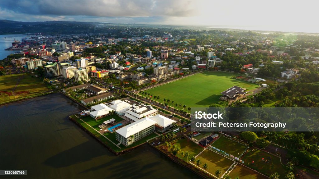 SUVA CITY AERIAL VIEW Never before seen from above at this angle, beautiful Suva city, Fiji. Fiji Stock Photo