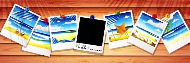 istock Hello summer! Summer vacation at the sea. Photographs on wood plank texture. Creative flyer or poster 1320657439