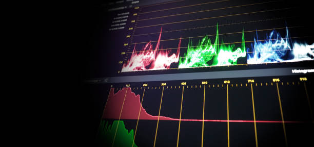 ポストプロダクションのモニター上のカラーグレーディングツールまたはrgb色補正インジケータ。ビデオやフィルム制作処理でテレシネフルグレードのステージ。デジタルムービーのカラー� - ポスプロスタジオ ストックフォトと画像