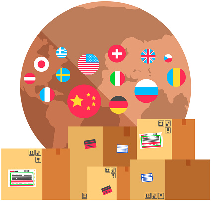 Earth with flags of world. Planet surrounded by national symbols of countries. Flags of different countries and nationalities around globe. Boxes with parcels for international delivery of goods