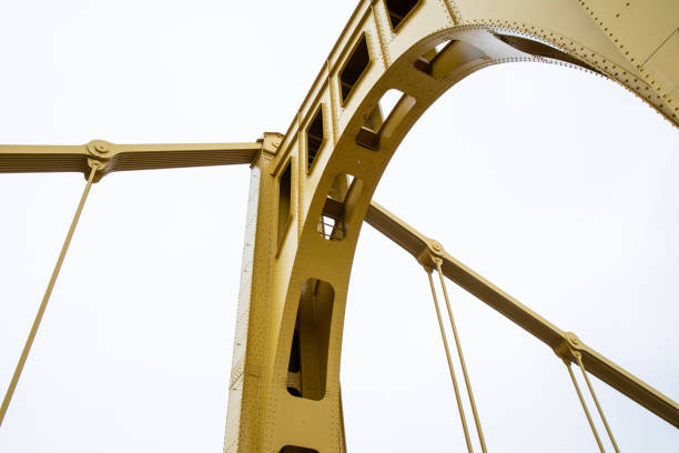 istock Structure of a self anchored suspension bridge seen from below painted yellow 1320659555