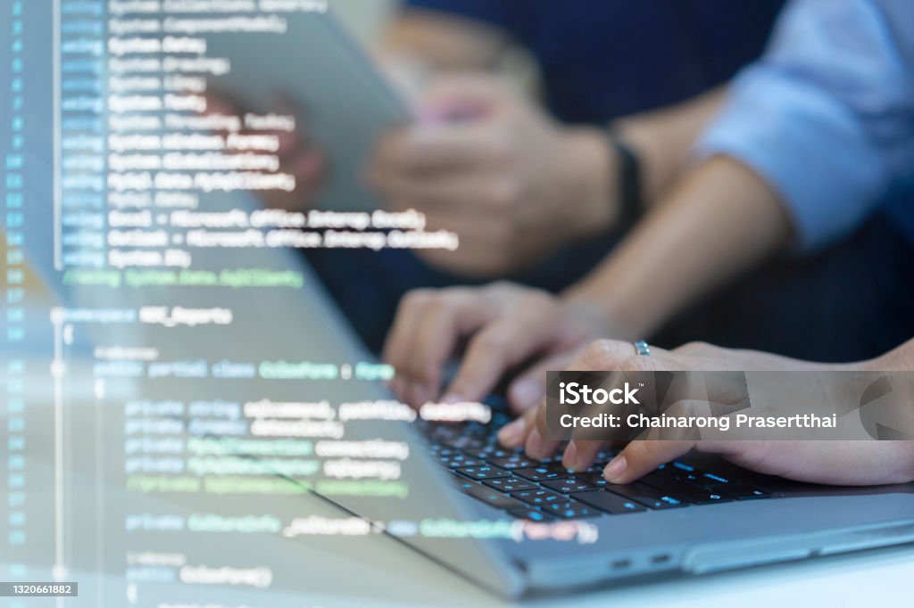 tech enginners programming server code algorithm on... Close Up Team Of Programmer Typing Command Laptop To Input Code ...