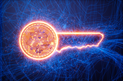 Bitcoin Security Concept With Glowing Key On Blue Background With Plexus And Red Connection Dots