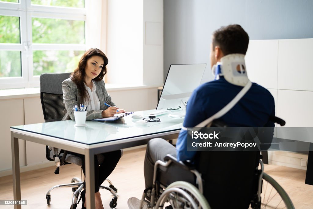 Worker Injury And Disability Compensation Worker Injury And Disability Compensation. Social Security Claim Physical Injury Stock Photo