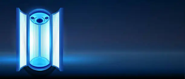 Vector illustration of Banner of tanning in vertical solarium. Sunbathing in solarium cabin with blue luminous tanning lamps. Advertising of Spa salon . Realistic 3d vector illustration.