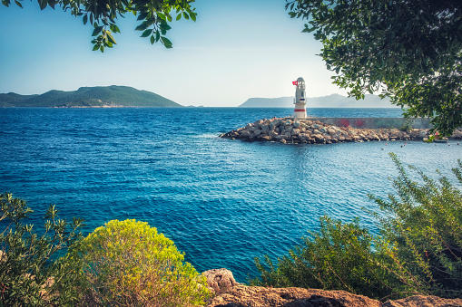 Lighthouse on the sea in the small provincial town of Kas in the province of Antalya, Turkey