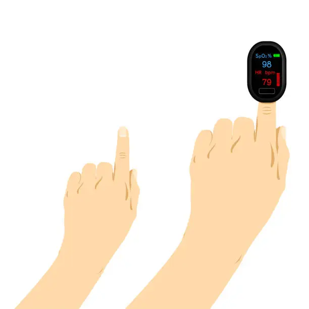 Vector illustration of Insert Point Finger to A Medical Portable Finger Pulse Oximeter blood oxygen and Heart Rate Equipment in white background.