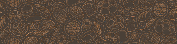ручная нарисованная пекарня бесшовный узор - baguette french culture bun bread stock illustrations